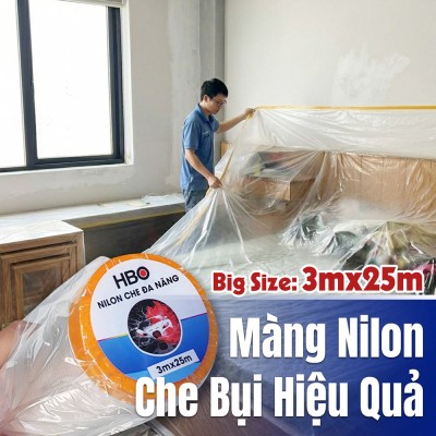 Màng nilon che bụi khổ lớn 3mx25m. Nilon khổ lớn dùng để che bụi, che sơn khi sửa nhà. Bọc nilon 3mx25m dùng để che phủ nội thất